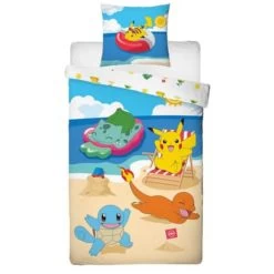 Housse De Couette Pokémon Salameche,bulbizarre Et Carapuce à La Plage Réversible